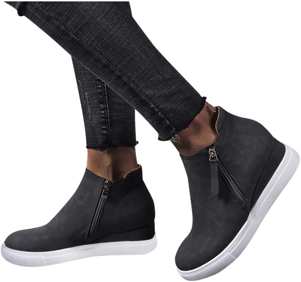 Women’s Platform Sneakers, Ladies Hidden Wedges Heel Suede High Top Side Zipper Ankle Booties Short Boots Shoes