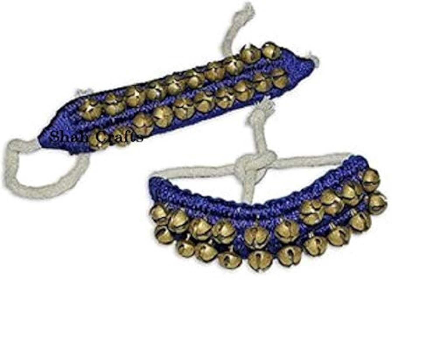 Shah Crafts Ghungroo Blue 2 Line 20+20 Bells Dancing Ankle Pair Bracelet Tied with Blue Velvet Pad for Indian Classical Dancers Bharatnatyam Kathak