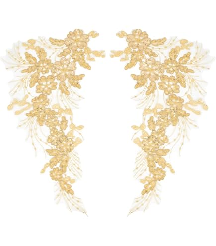 Appliques En Dentelle à Paillettes Dorées Pour Couture - Lot De 2 Patches Fleuris 24x9 Cm | Décoration Vêtements, DIY