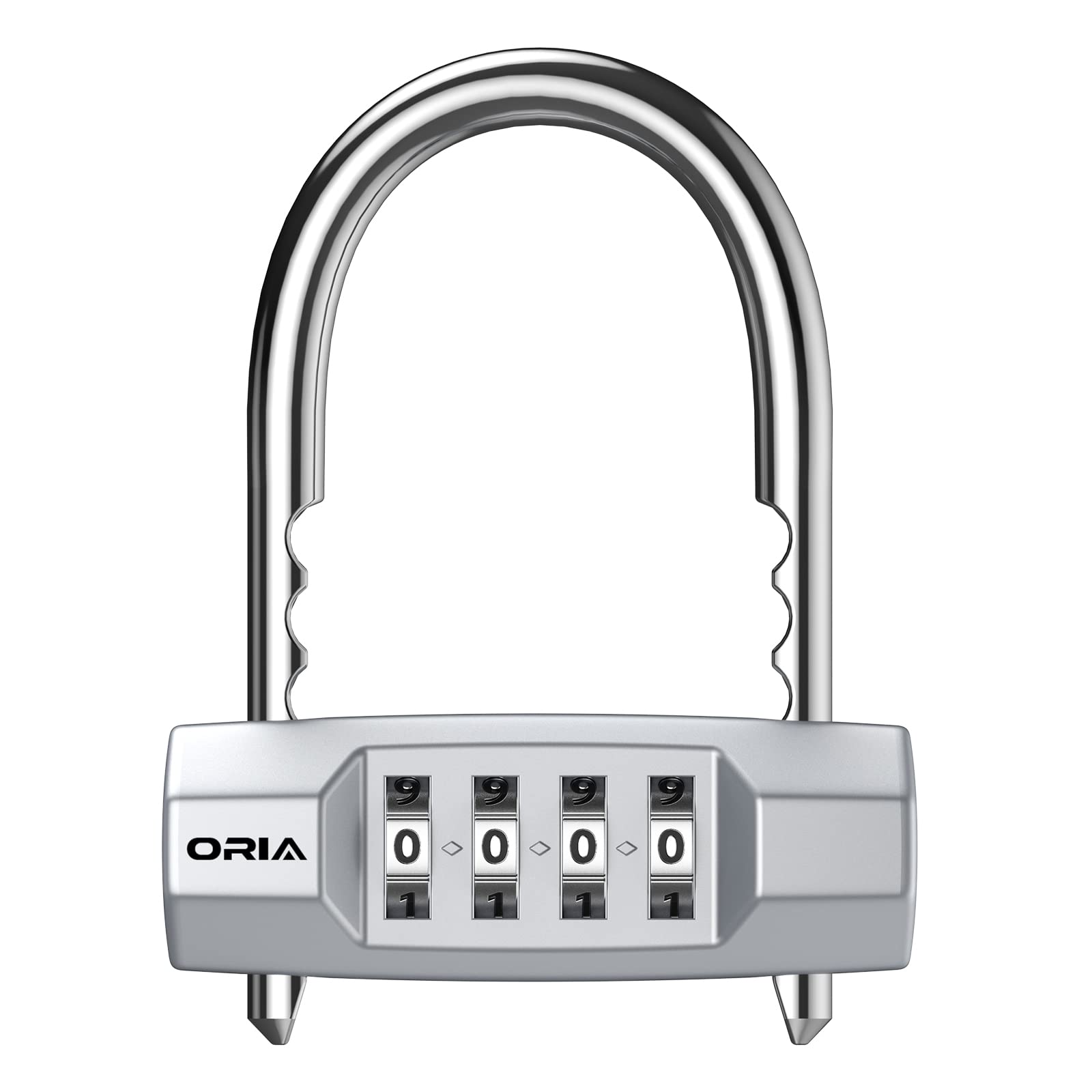 ORIA 4 Digit Combination Padlock with Adjustable Long Shackle, U-Shaped Resettable Lock, Security Number Lock, Zinc Alloy Material, Waterproof Padlock for Gym/Bicycle/Toolbox/Cabinet - Silver