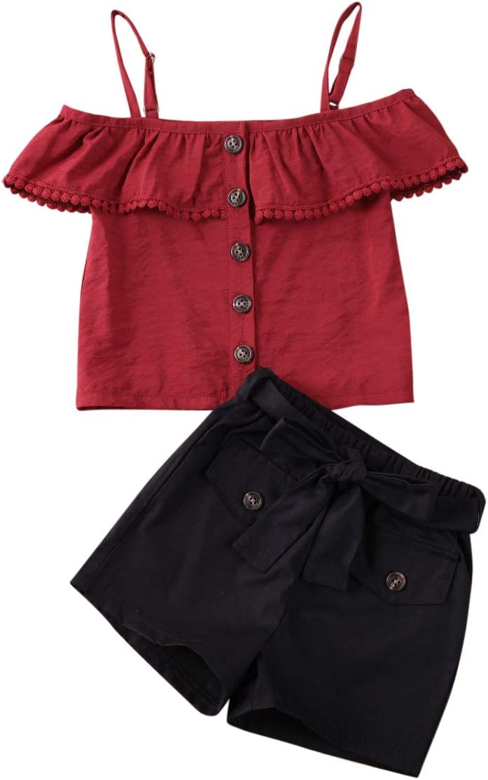 2pcs Toddler Kids Baby Girls Summer Outfits Off Shoulder Crop Tops T-Shirt Leather Plaid Skirts Clothes Set