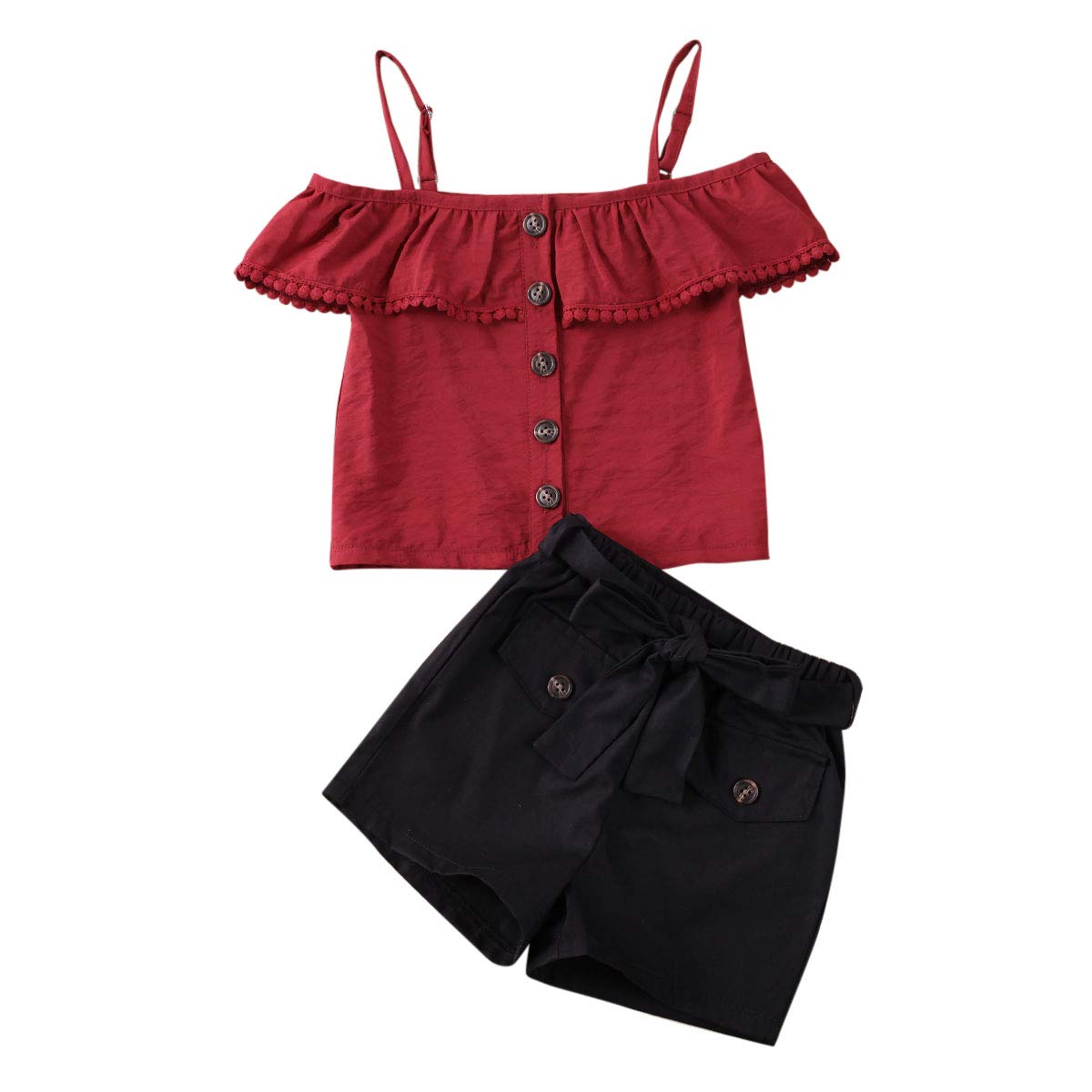 2pcs Toddler Kids Baby Girls Summer Outfits Off Shoulder Crop Tops T-Shirt Leather Plaid Skirts Clothes Set