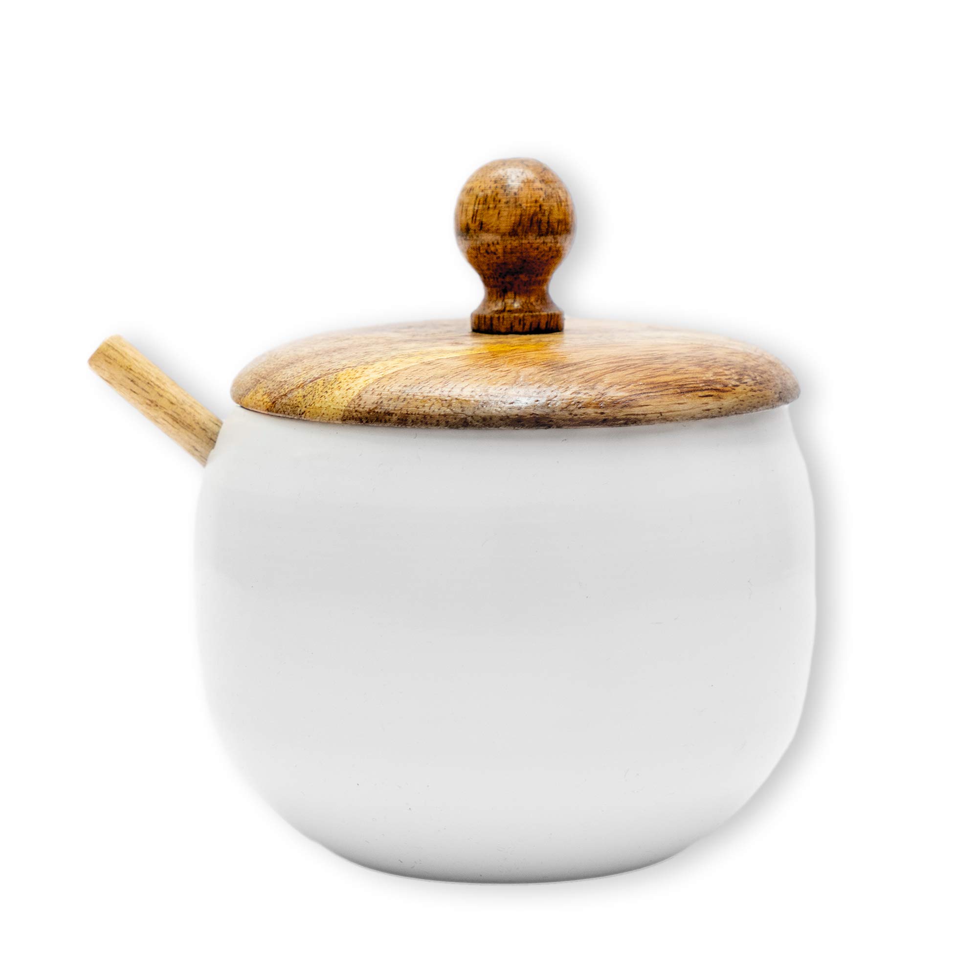 GoCraft Sugar Bowl with Wooden Lid and Spoon for Home and Kitchen, Drum Shape (Shiny White Finish) — image 1