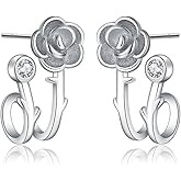 Reffeer Solid 925 Sterling Silver Flower Cuff Stud Earrings Wraps for Women Teen Girls Flower Half Hoop Earrings Huggie