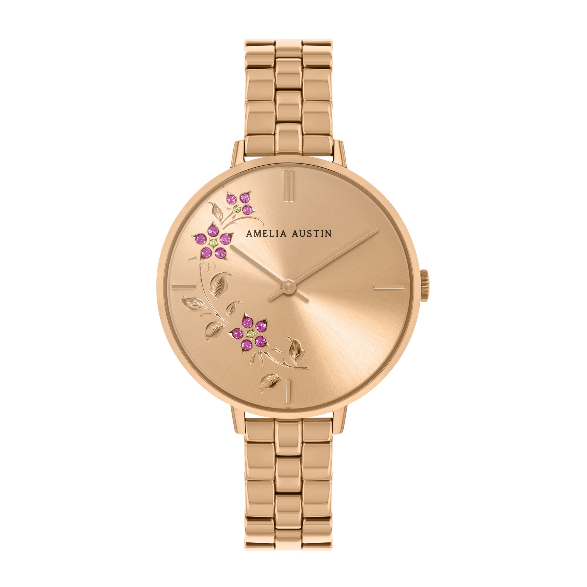 Amelia Austin Floral Ladies Pale Gold Stainless Steel Bracelet Purple Stone Set Etched Dial Watch AA4008