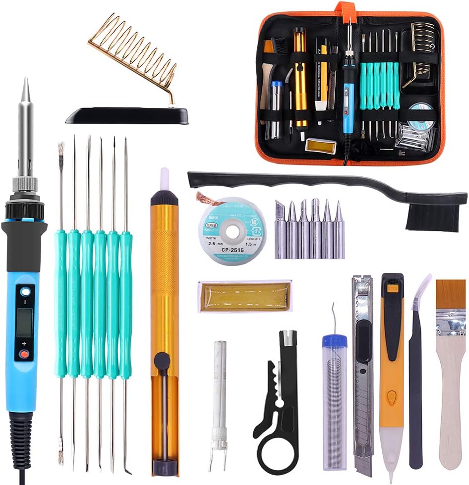PJLSW Soldering Iron Kit, [Upgraded] 80W Temp Adjustable with Thermostatic Digital-Controlled LCD Display Welding Tool, 6 Soldering iron tips, Desoldering Pump, Stand, Solder Wick, Tweezer, Carry Bag