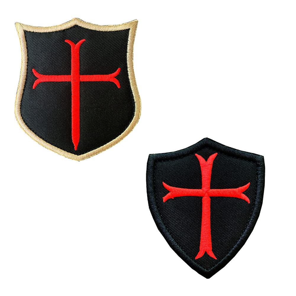 2 Pack Crusader Knights Warrior Flag Templar Cross Shield Shoulder Logo Applique Military Morale Embroidered Fastener Hook & Loop Emblem Patch for Caps,Bags,Backpacks,Clothes,Vest,Military