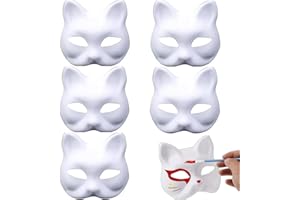 BJAINGEXK Cat Mask, 5 hand-painted white cat mask blank DIY Halloween mask Animal half mask masquerade party Cosplay party