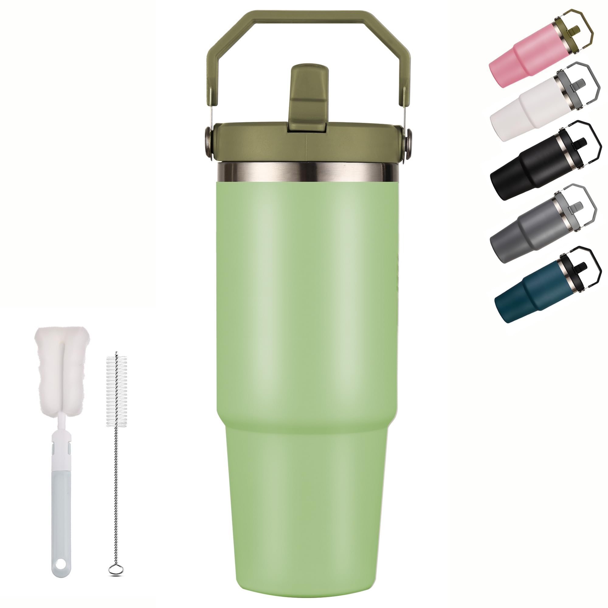 XIXIAMI Travel Mug with Handle 900ml-30oz Insulated Tumbler with Straw & Lid Leakproof Coffee Mug for Hot or Iced Drink |Stainless Steel Thermal Cup-Green