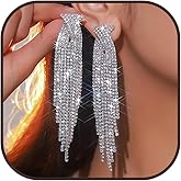 Silver Prom Earrings Jewelry Sparkly Rhinestone Earrings for Women Long Tassel Bling Crystal Chandelier Earring Prom Dress Outfit Accessories Wedding Guest Dresses for Women