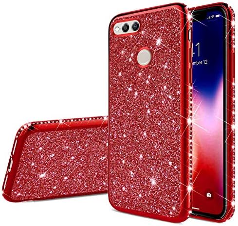 Qjuegad Super Thin Glitter Back Cover Compatible with Huawei Honor 7X Phone Case Plating Frame Shockproof Anti-Scratch Soft Sparkle TPU Gel Bumper Shell, Red