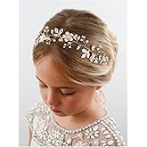 SWEETV HAIRBAND - Handmade Flower Girl Headpiece with Light Ivory Simulated Pearls, Bright Crystals, Clear Beads for Wedding, Party, First Communion, Girls' Princess-Style Special Occasions