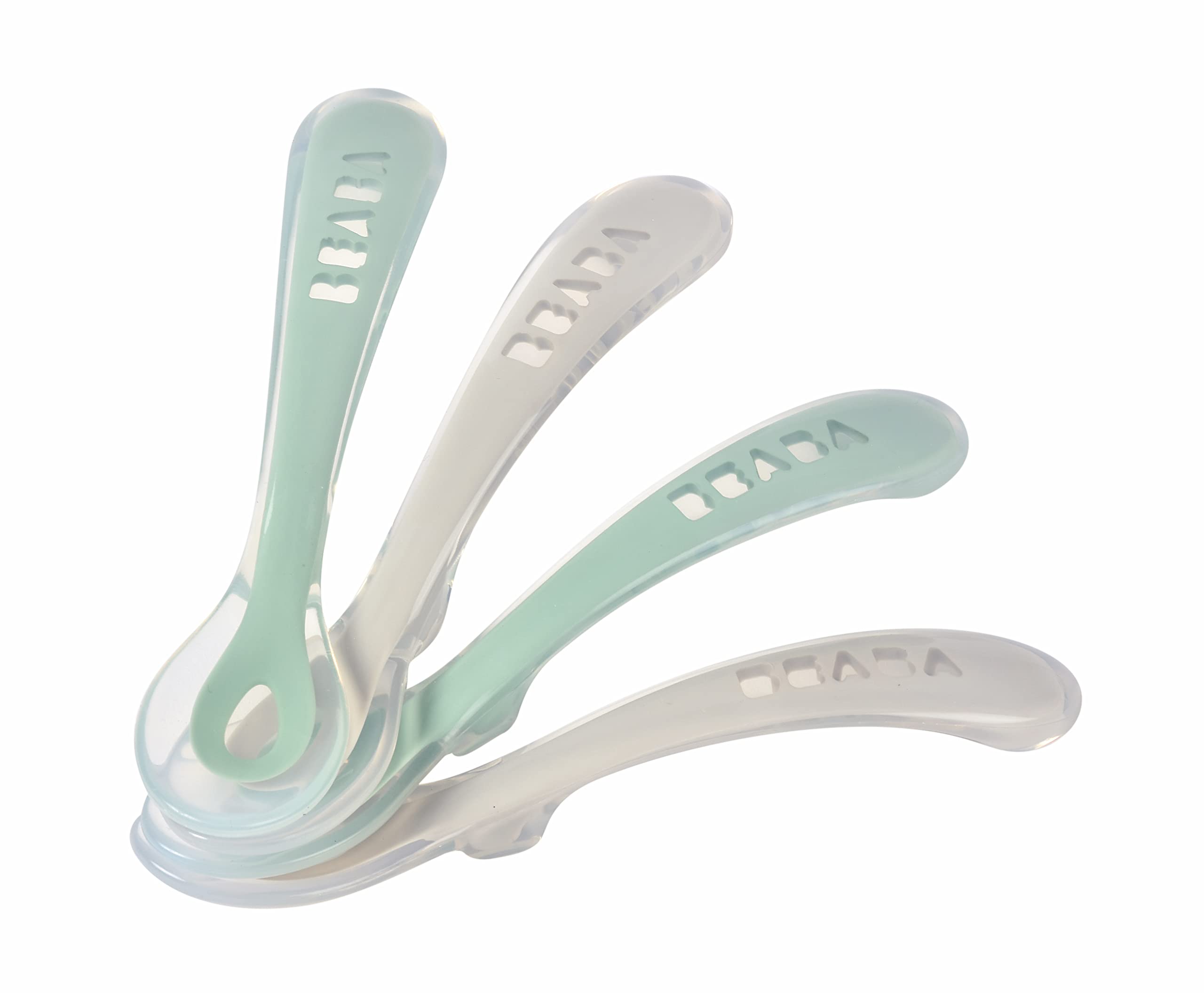 Béaba - Silicone Spoon for Baby and Children - Set of 4 - Stage 2 - Soft - Rounded tip - Ergonomic Handle - Velvet Grey/sage Green