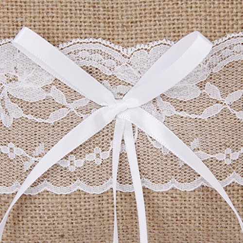 Adeeing Wedding Ring Pillow Burlap Lace Vintage Ring Bearer Jewelry Pillow Cushion,6 x 6 Inch - Thumbnail 7