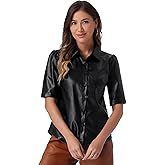 Allegra K Women's Faux Leather Shirt Button Down Puff Sleeve PU Jacket Blouse