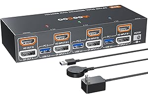 HDMI Displayport KVM Switch 2 Monitors 3 PC 8K@60Hz/4K@144Hz KVM Switches with USB 3.0 Port,Wired Remote,Power Adapter and US
