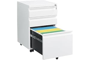 LVSTEEL 3 Drawer Mobile File Cabinet with Lock, Under Desk Metal Filing Cabinet for Home Office fits Legal/Letter/A4 File, Fully Assembled Except Wheels, White