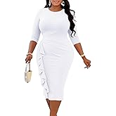 Runwind Plus Size Dress Church Dresses for Women 3/4 Sleeve Wear to Work Bodycon Ruffle Pencil Midi Dress