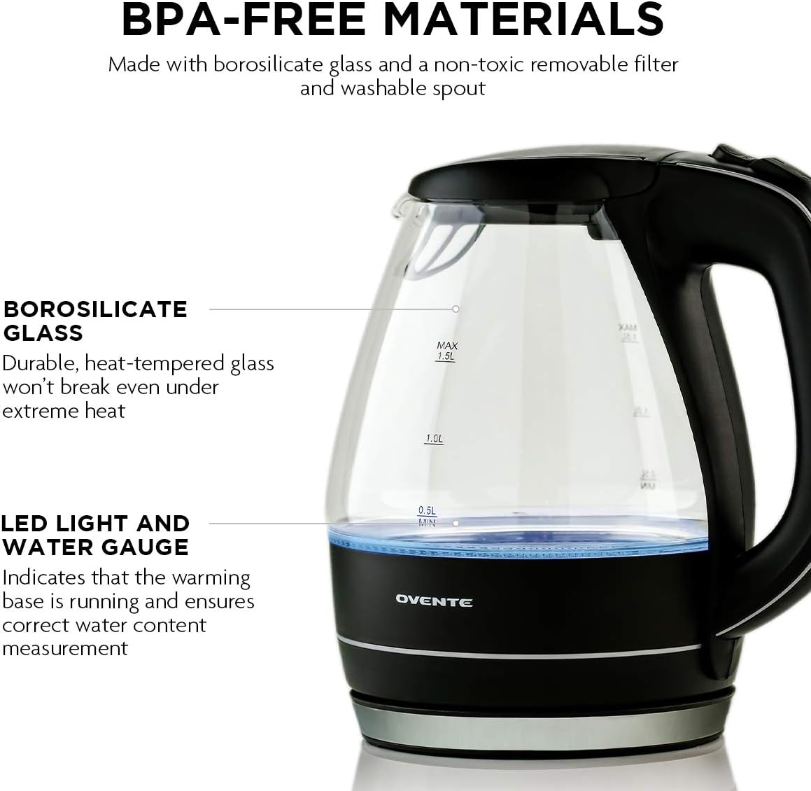 Ovente Electric Hot Water Portable Glass Kettle with Filter 1.5 Liter Stainless Steel Base Countertop Teapot & Auto Shutoff BPA-Free Fast Heating, Boil Dry Protection, Brew Coffee & Tea, Black KG83B: Kitchen & Dining