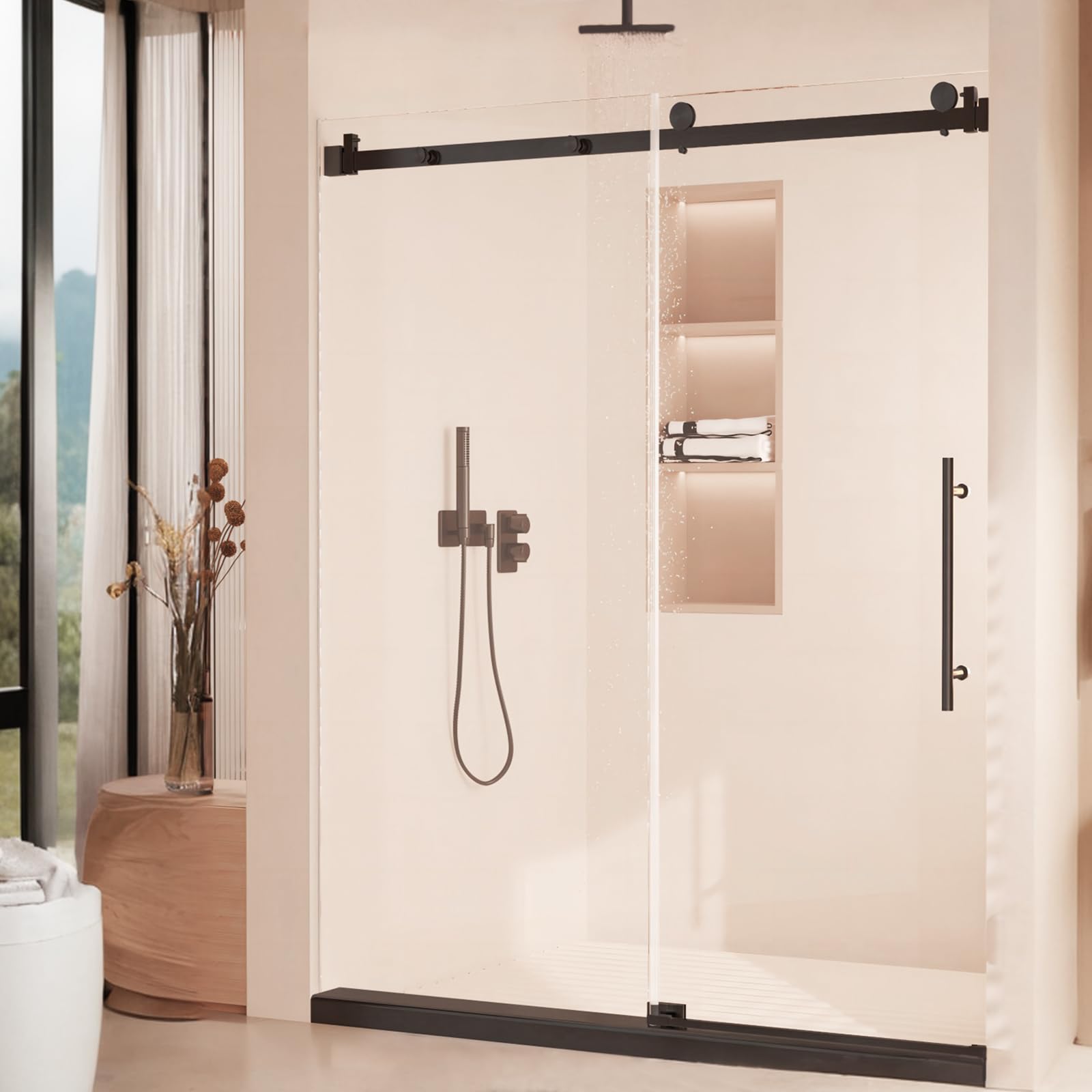 View 1 of ***BOX DAMAGE BUT NEW INSIDE*****TRUCK/TRAILER PICKUP ONLY***60" W x 72" h (10Mm) Frameless Double Sliding Shower Door, Frameless Shower Door, Tempered Glass Shower Doors, Easy-to-Clean Treated Clear Tempered Glass, Black Square Tube