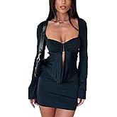 Yeenily Women Fall Dresses Long Sleeve Bodycon Low Cut Cutout Front Sexy Cocktail Mini Dress Short Party Club Dress