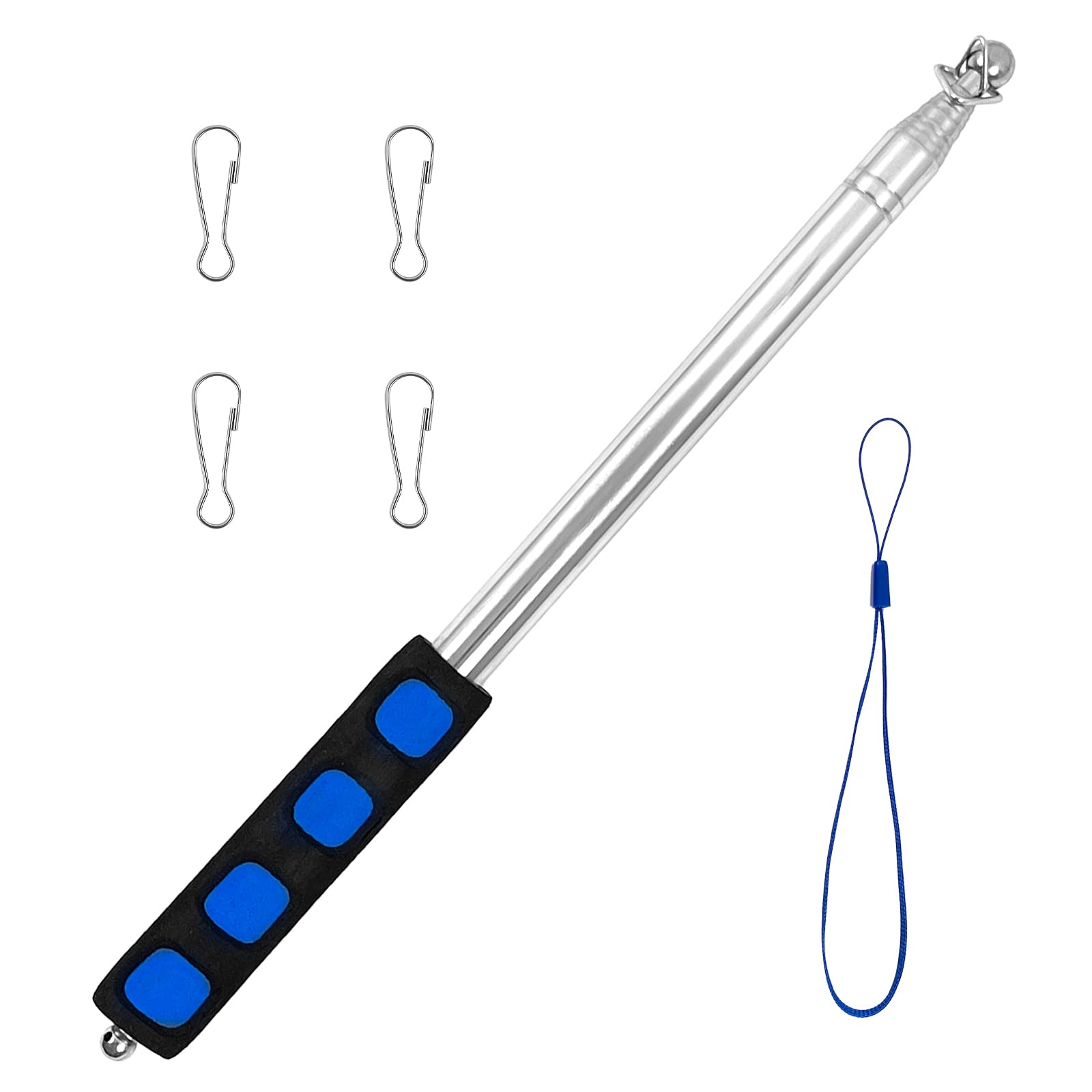 8.2ft Telescopic Handheld Flagpole - Stainless Steel Extendable Flag Stick, Portable Guide Flag Pole, Retractable Teaching Pointer, Flag Pole with Anti-Slip Grip Lanyard 4 Clips for Tourist (Blue)