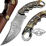 Ram Horn 9.5'' Fixed Blade Custom Hand Made Damascus Steel Hunting Knife 100% Prime Quality with Leather Sheath