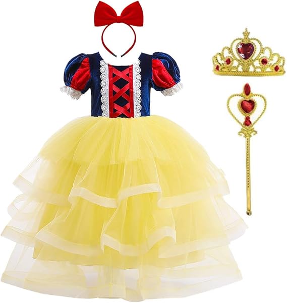 Amazon Co Jp 白雪姫 ドレス コスプレ衣装 子供服 眠り美人 Cospaly ヘッドバンド 王冠 魔法ステッキ 4点セット ロング 半袖 キッズ プリンセス ワンピース ハロウィン クリスマス 発表会 チュール ゴム 蝶結び チュチュ 服 ファッション小物