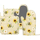DYCBNESS Summer Bee Sunflowers Oven Mitts Pot Holders Set Silicone Yellow Cute Bees Kitchen Oven Mitts Heat Resistant Spring Sunflower Potholders Non-Slip 4pcs Hot Pads and Oven Gloves Sets for BBQ