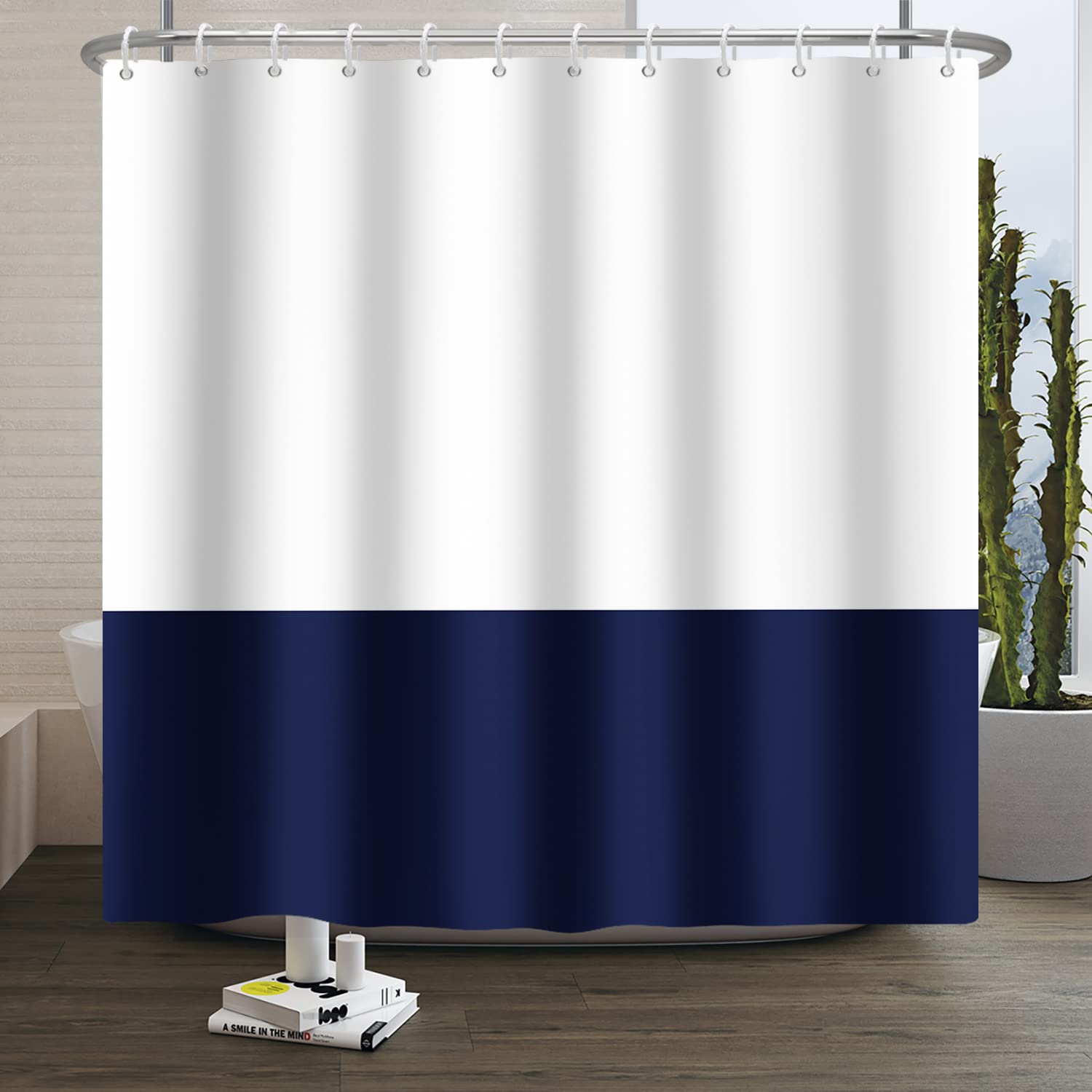 SDOTPMT 152x183cm White Blue Splicing Shower Curtain Farmhouse Minimalism Bath Curtain Modern Classic Traditional Bathtub Curtain for Kids Bathroom Decor Waterproof with Hooks