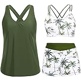 Holipick 3 Piece Tankini Swimsuits for Women Tummy Control Bathing Suits Swim Tank Top with Bra Boy Shorts Teen Swimwear