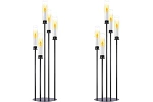 SIMPREFINE Black Candelabra with Glass Cylinders for Real Candles 5 Head Metal Candle Holder Wedding Centerpiece Ceremony Reception Event Party Home Decoration (2, L)