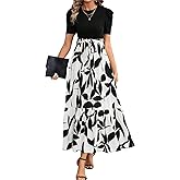 PerZeal Women's Casual Summer Crewneck A Line Short Sleeve Print Flowy Boho Long Maxi Dress with Belt