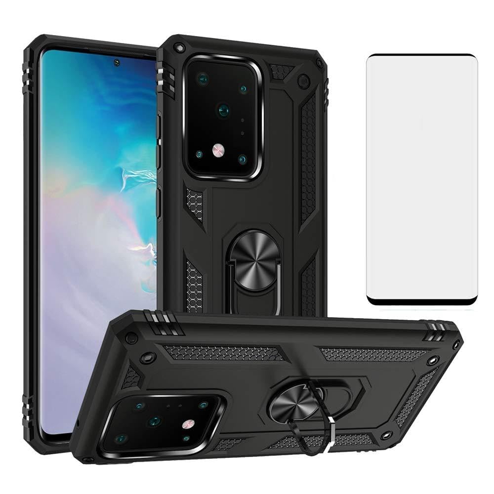Phone Case for Samsung Galaxy S20 Ultra with Tempered Glass Screen Protector Stand Ring Holder Accessories Heavy Duty Rugged Protective Shockproof Hard Bumper S20Ultra Samsungs20ultra Women 2020 Black