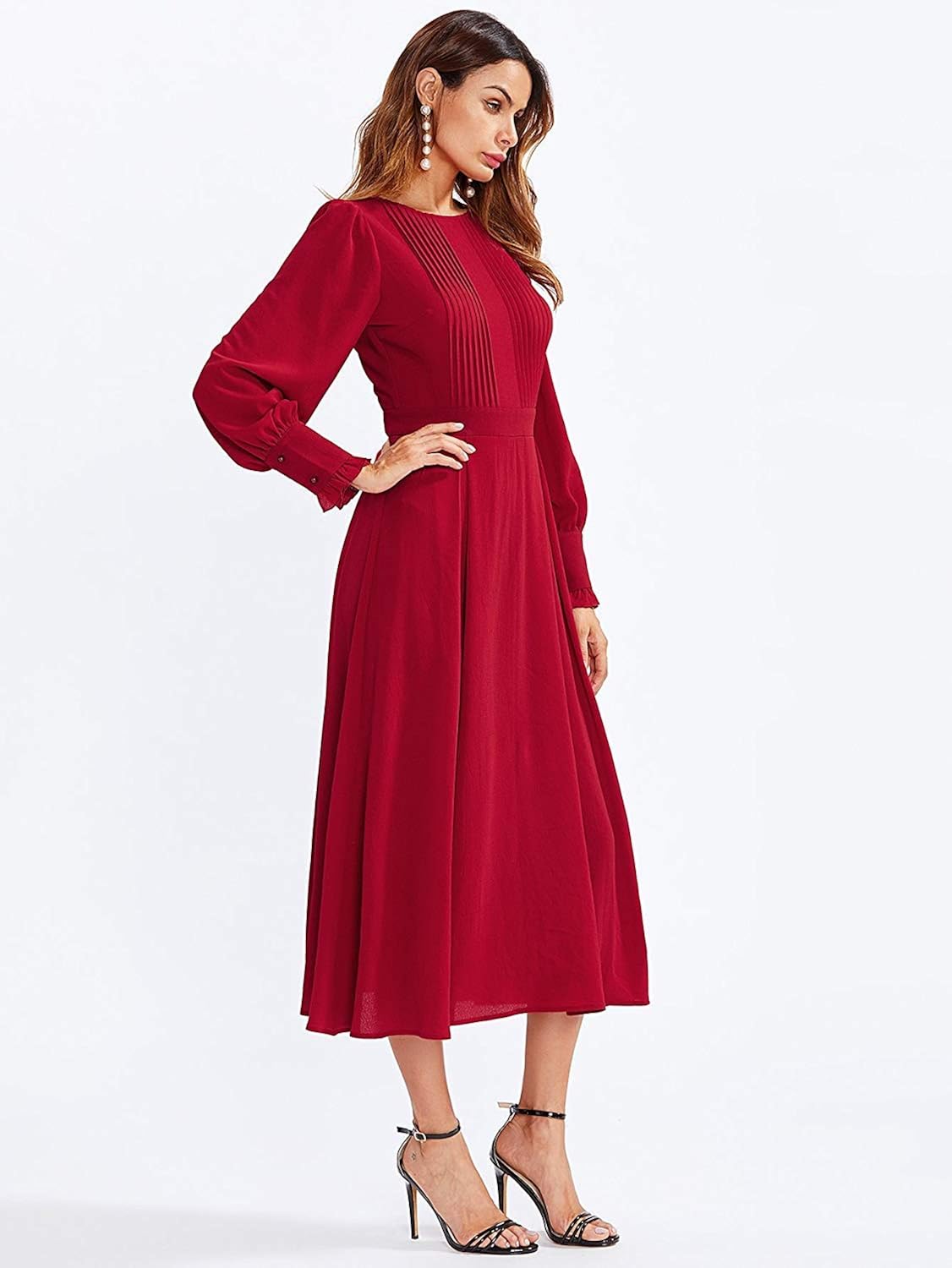Milumia Women's Elegant Frilled Long Sleeve Pleated Fit and Flare Dress: Clothing