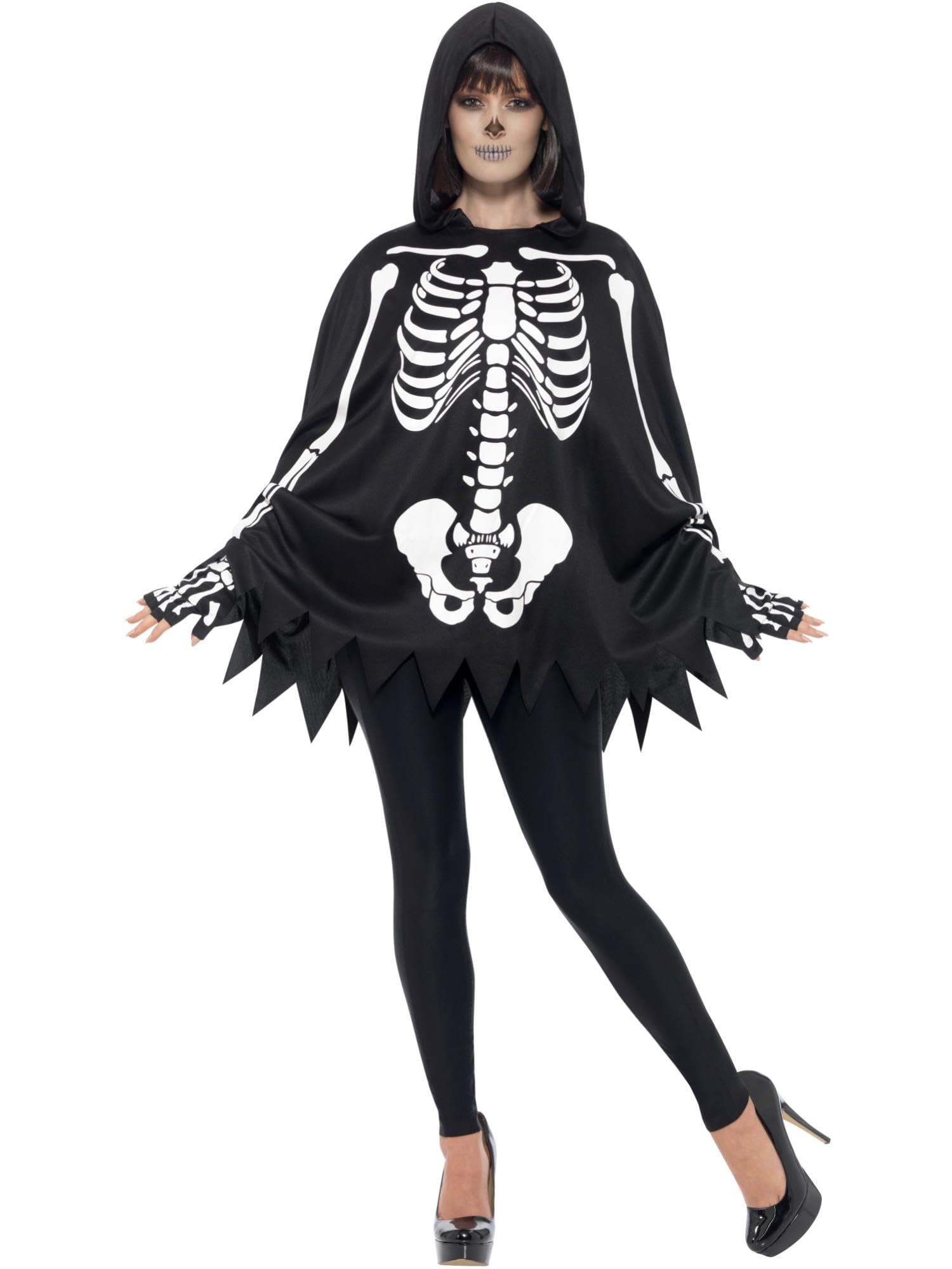 Smiffys Skeleton Kit, Unisex, Black with Poncho & Gloves, Halloween Adult Fancy Dress, Skeleton Dress Up Accessories