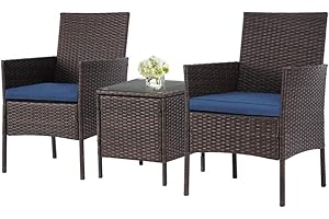 SOLAURA Outdoor 3-Piece Furniture Brown Wicker Bistro Set Conversation Chairs & Glass-top Coffee Table Set(Navy Blue)
