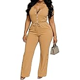 Two Piece Sets for Women Summer Casual Sleeveless Button Crop Top Drawstring Wide Leg Pants Set