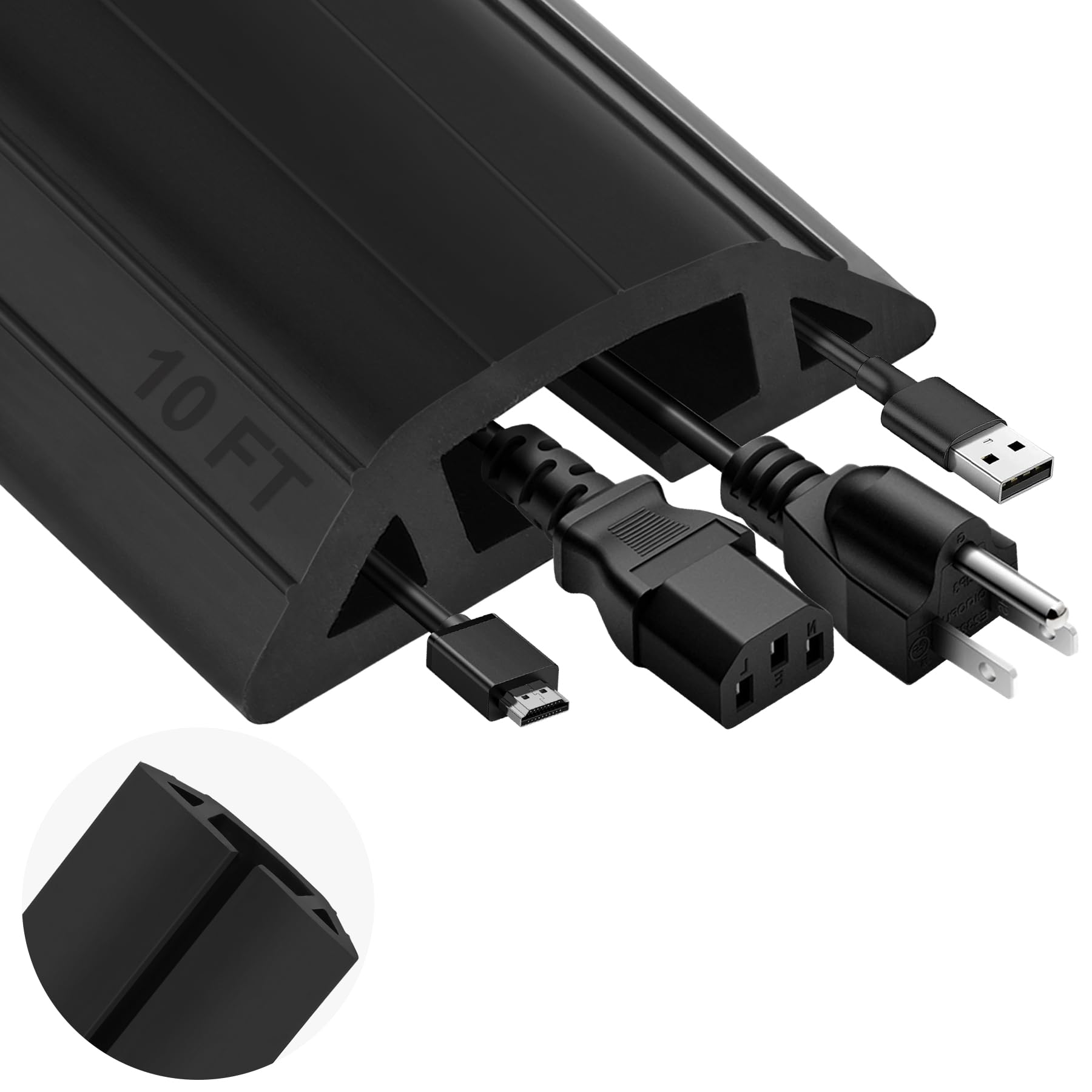Photo 1 of MYFAMIREA 10FT Floor Cord Cover Heavy Duty Cable Cover Protector 3 Channels Extension PVC Floor Wire Cover Outdoor Cord Hider Management Cord Cover for Wire on Floor for Home Office Outdoor, Black