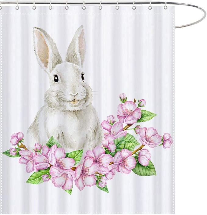 MAEZAP Easter Rabbit Shower Curtain Watercolor Bunny Floral