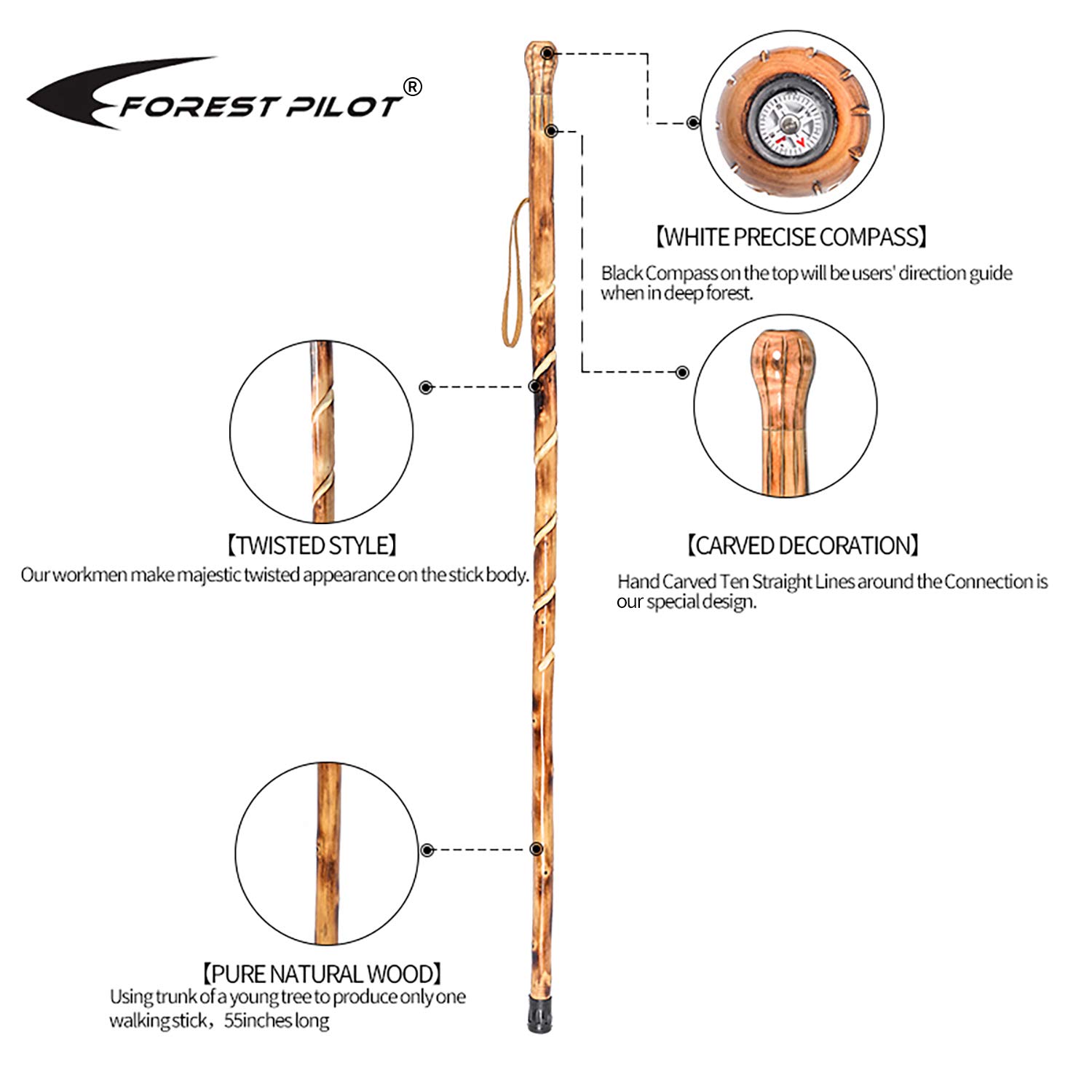 Big Ball Head Twisted Style Wooden Walking Stick for Hiking with Compass (Nature Color, 48 Inches, One Piece)