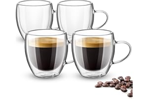 Olyzer Espresso Cups 3oz/ 80ml, Double Walled Coffee Glasses Mugs, 4 Pack Glass Coffee Mug with Handle, Insulated Cappuccino 