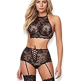 CZRHGG Lingerie for Women, Garter Belt High Waist Sleepwear See Through Floral Lace Sheer Sexy Lingerie Set Naughty Onesize 2-8 Black