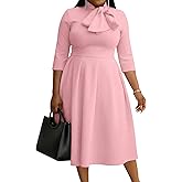 FANDEE Midi Dress for Women Casual 3/4 Sleeve Semi Formal Fit and Flare Dress Classy Tie Neck Work Business Dresses