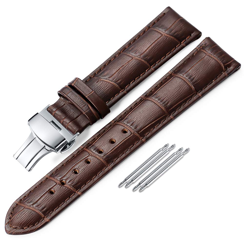 iStrap Alligator Grain Calf Leather Replacement Watch Strap - Deployment Buckle with Push Buttons for Men Women 18mm 19mm 20mm 21mm 22mm 24mm Brown 22mm Strap, Brown, 22mm, Strap