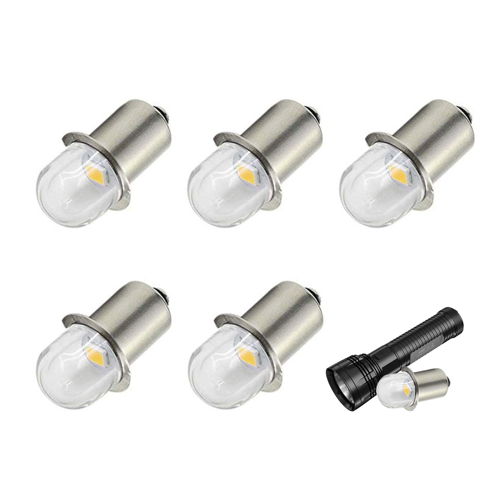 Photo 1 of YAFIYGI 5 Pack LED Flashlight Bulb 18V P13.5S Base Socket Warm White LED Bulbs Non-Polarity Replacement Bulbs for Headlight Flashlights Flash Light Bulbs