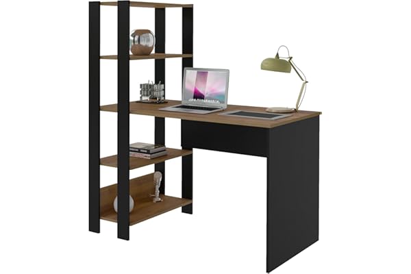 Escrivaninha com Estante Lateral MATCH cor Preto/Pinho - Artely