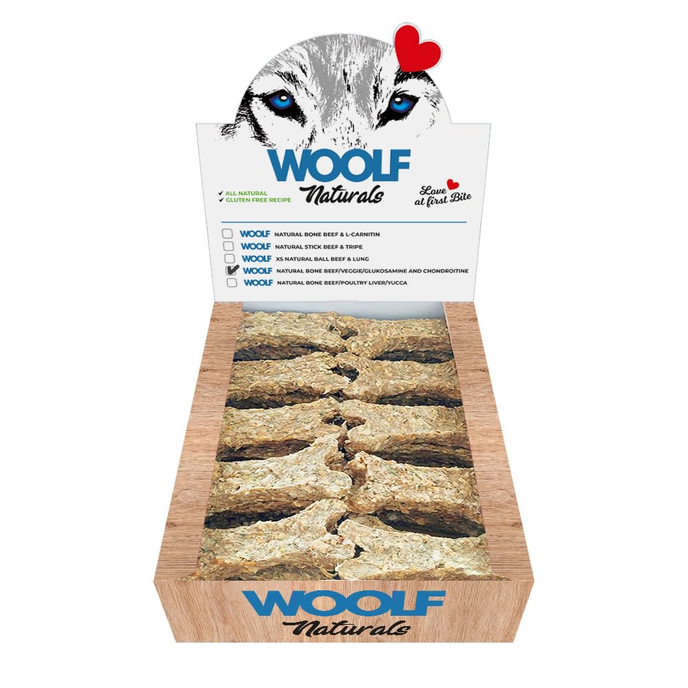 WOOLF Naturals Dog Treats - Gluten-Free and All-Natural Ingredients with Pro-Biotics. Ideal for Weight Control. Suitable for Dogs (Beef, Vegetable, Glukosamine & Chondroitine, 30 Bones)