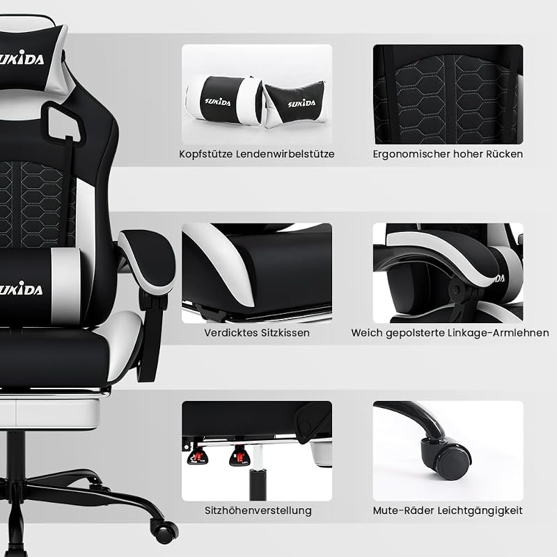 Gaming Stuhl, Ergonomischer Gaming-Stuhl mit Fußstütze, Racing Gaming Chair Kopfstütze Verstellbarer Computerstuhl Höhenverstellbar Lendenwirbelstütze für Homeoffice und Gaming Schwarz — Foto 7 von 8