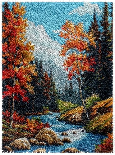 Forest Scene with Maple Trees River Mountains Latch Hook Rug Kits Color Printed Crochet Yarn Needlework DIY Hooking Latch Kit Carpet Rug Cover Mat for Christmas Chair Cushion Floor Decoration 52x38cm
